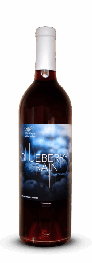 Wine bottle with Blueberry Rain label.