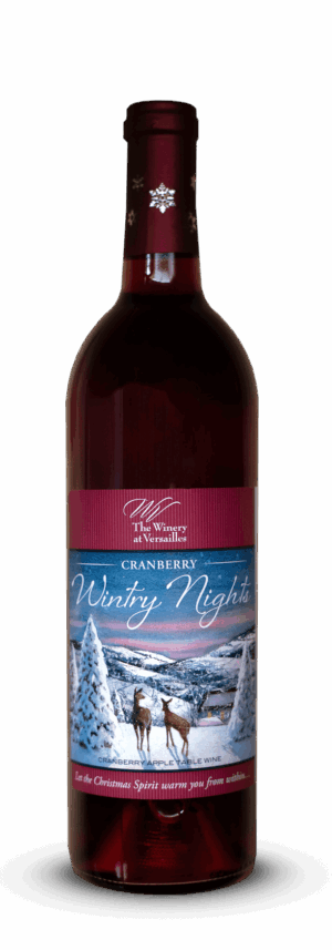Cranberry wine bottle with winter scene label.