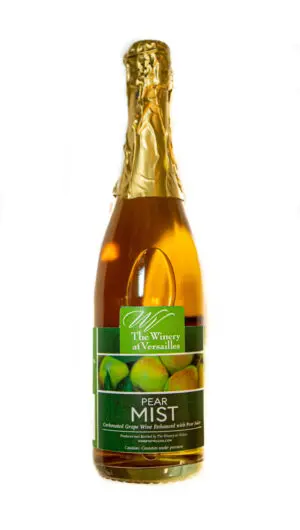 Pear Mist sparkling wine bottle with label.