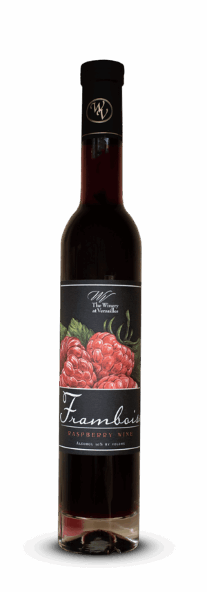 Raspberry liqueur bottle with black background.