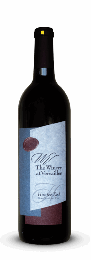 Red wine bottle with blue label.