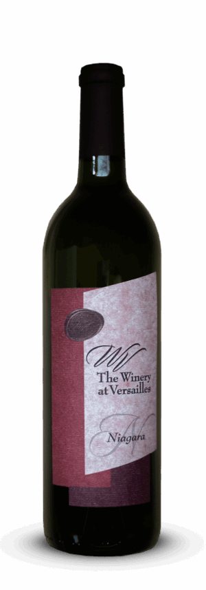 Wine bottle with red and white label.