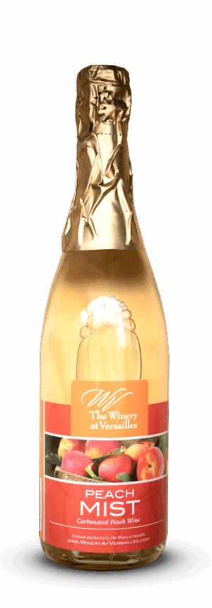 Peach Mist wine bottle with gold foil.