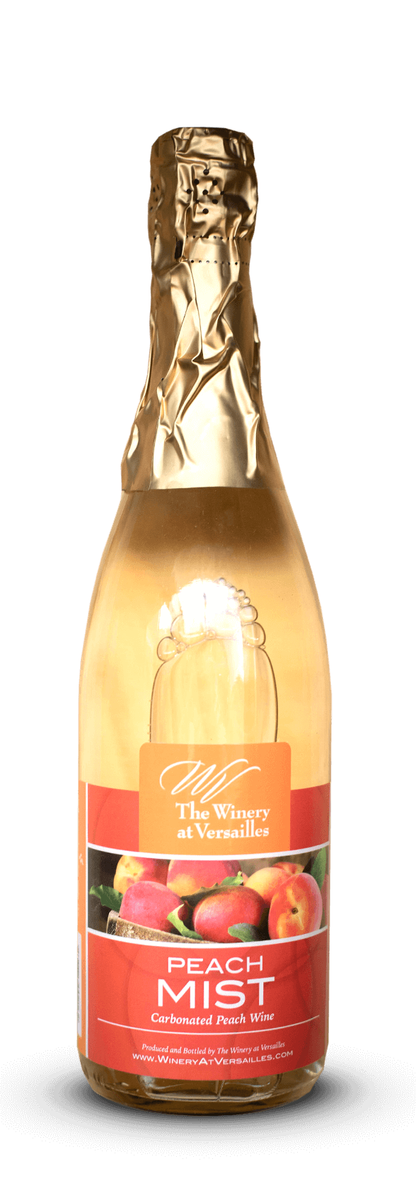 Peach Mist wine bottle with gold foil.
