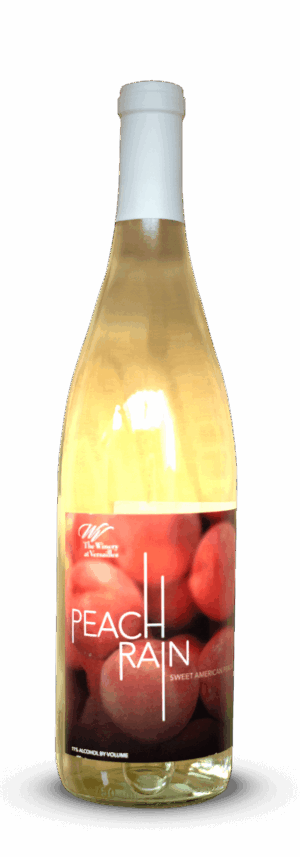 Peach Rain wine bottle with label.