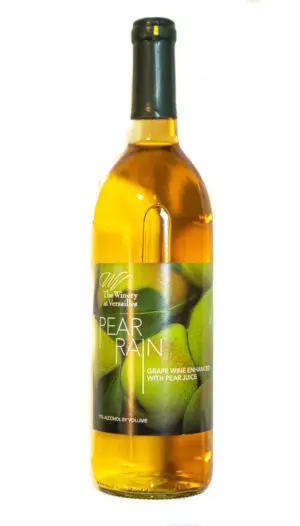 Wine bottle with pear-themed label.