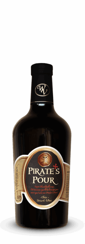 Pirate's Pour dark liquor bottle on black.