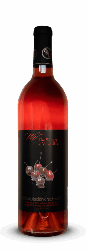 Red wine bottle with cherry label.