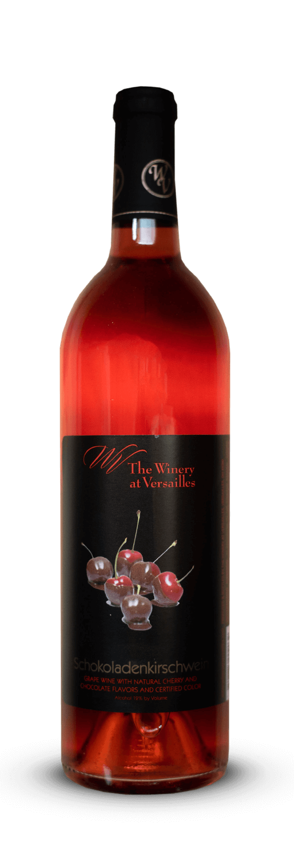 Red wine bottle with cherry label.