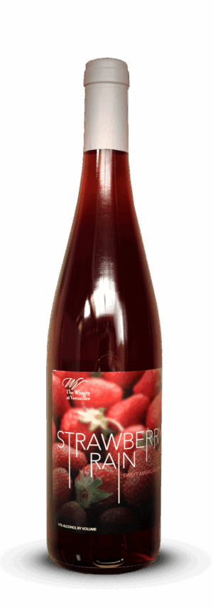 Strawberry Rain wine bottle with white cap.