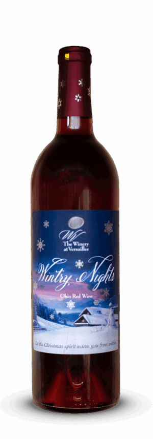 Wine bottle labeled "Wintry Nights," snowy design.