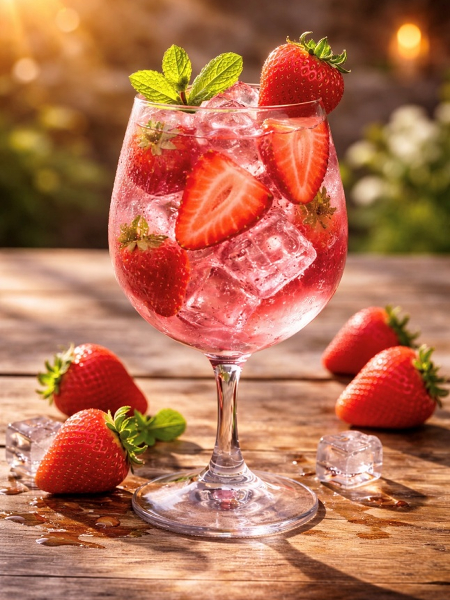 Chilled strawberry beverage with fresh garnish