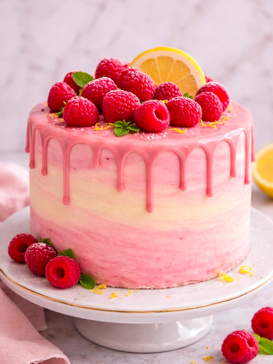 Pink cake with raspberries and lemon slice