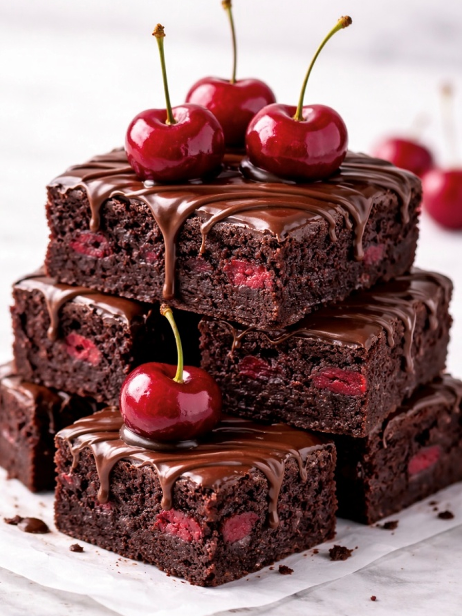 Fudgy brownies topped with fresh cherries